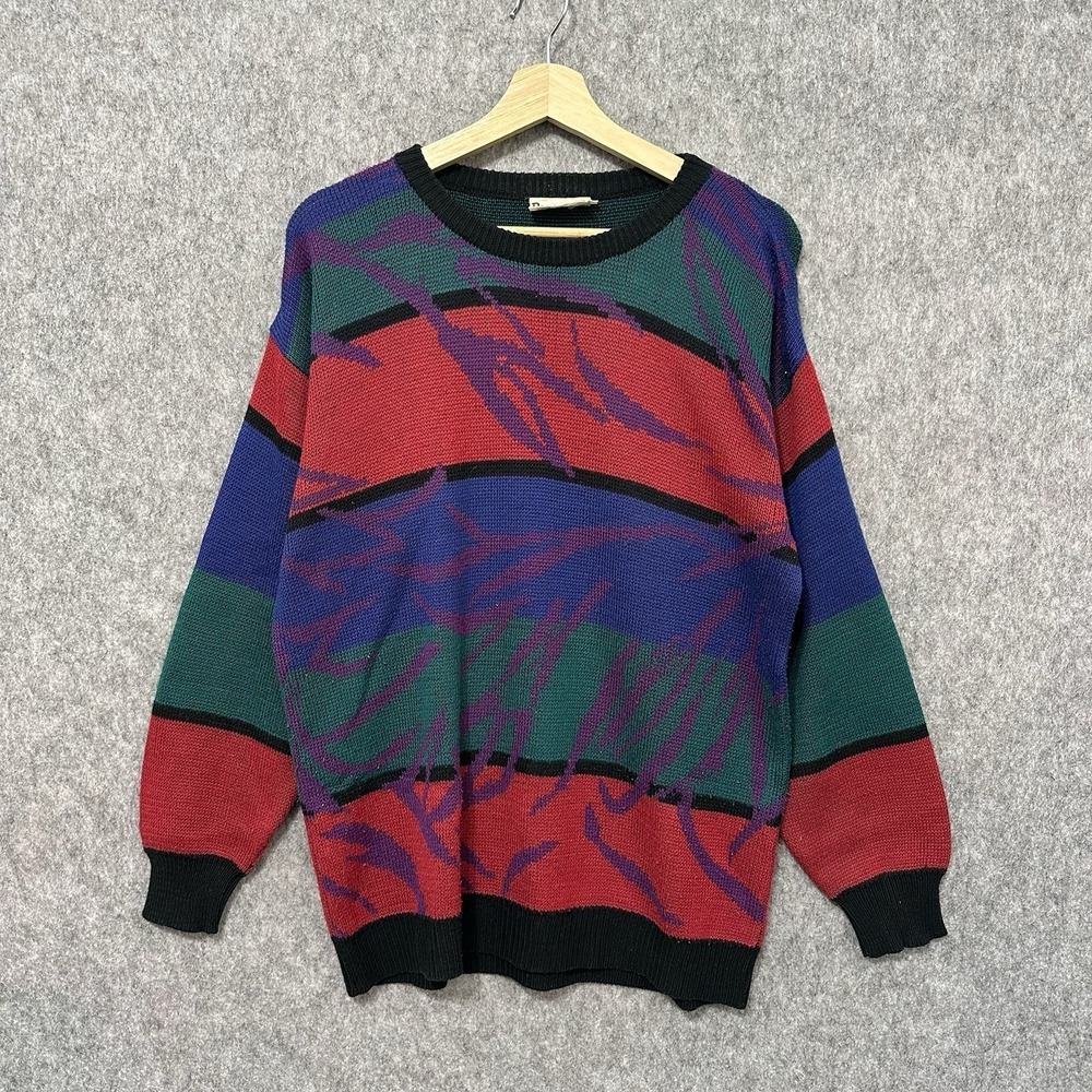 Vintage Personal Men's Sweater Sz L 80s 90s Colorblock Abstract Knit Art